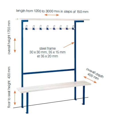 Floor bench with shelved hook rail